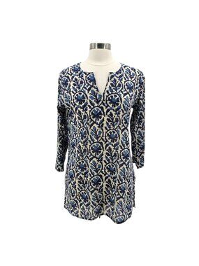 Dolma Womens Medium Top Tunic Floral Blue Beige V-Neck 3/4 Sleeve Cotton Boho